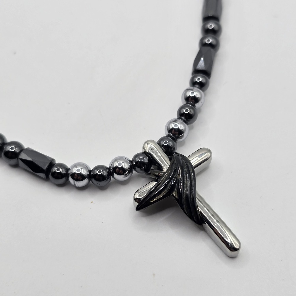 Hematite Beaded Magnetic Clasp Necklace with Silver & Black Cross Pendant